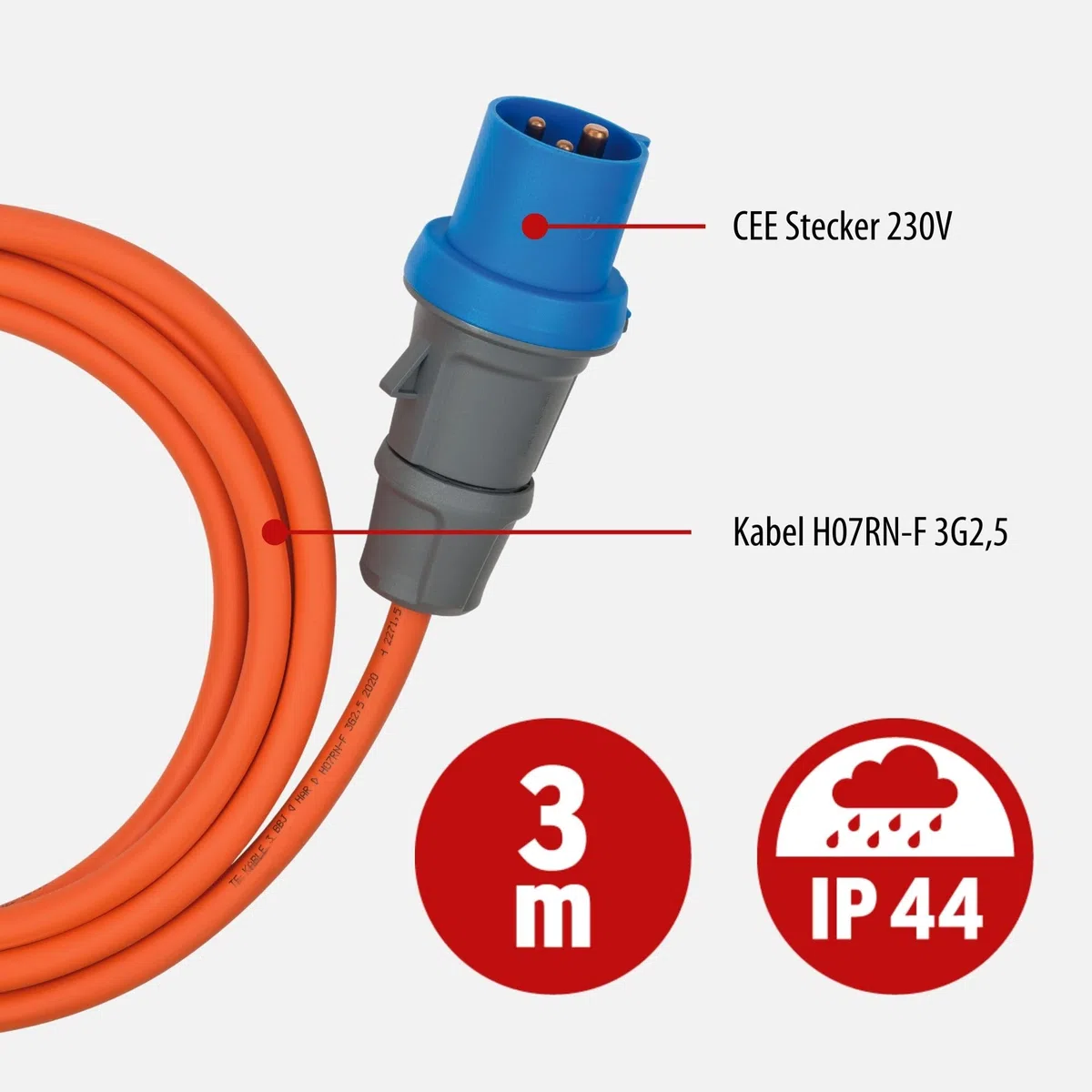 Brennenstuhl Camping CEE-Verlängerungskabel mit CEE-Stecker und Winkelkupplung inkl. Schutzkontakt-Kombisteckdose (3m Kabel in orange, 230V/16A, Einsatz im Außenbereich, Made in Germany)