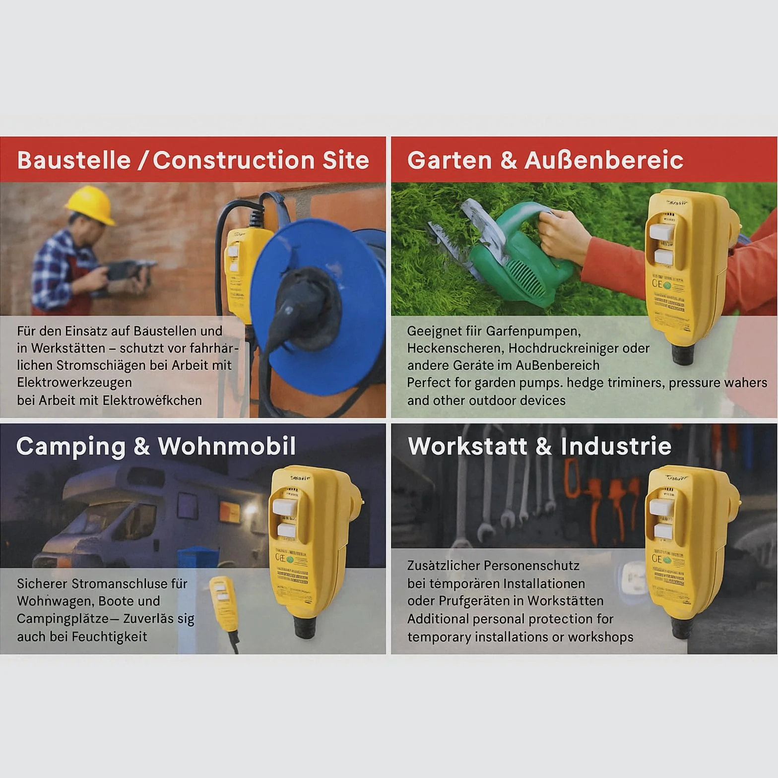Kaper PRCD Personenschutzstecker, 16A 230V IP54, Tragbarer FI-Schutzschalter mit 30mA Auslösestrom, Wasserdicht für Baustelle, Garten, Camping und Werkstatt