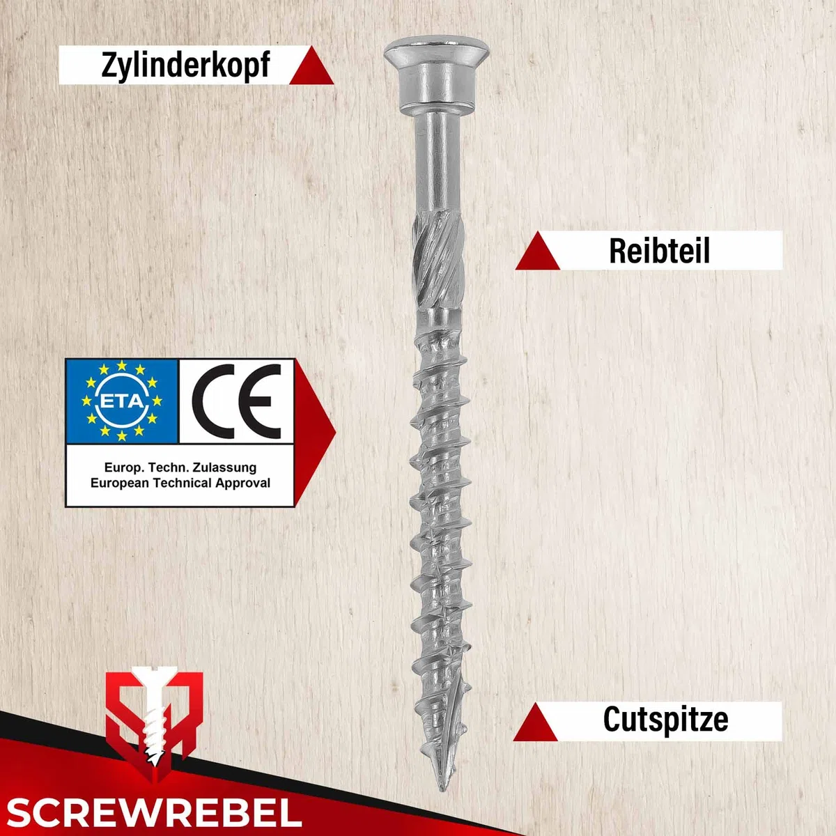 SCREW REBEL Terrassenschraube mit Zylinderkopf 4,5 x 70 mm, Edelstahl gehärtet - Stanzkopfschraube mit ETA Zulassung – 200 Stück, TX20