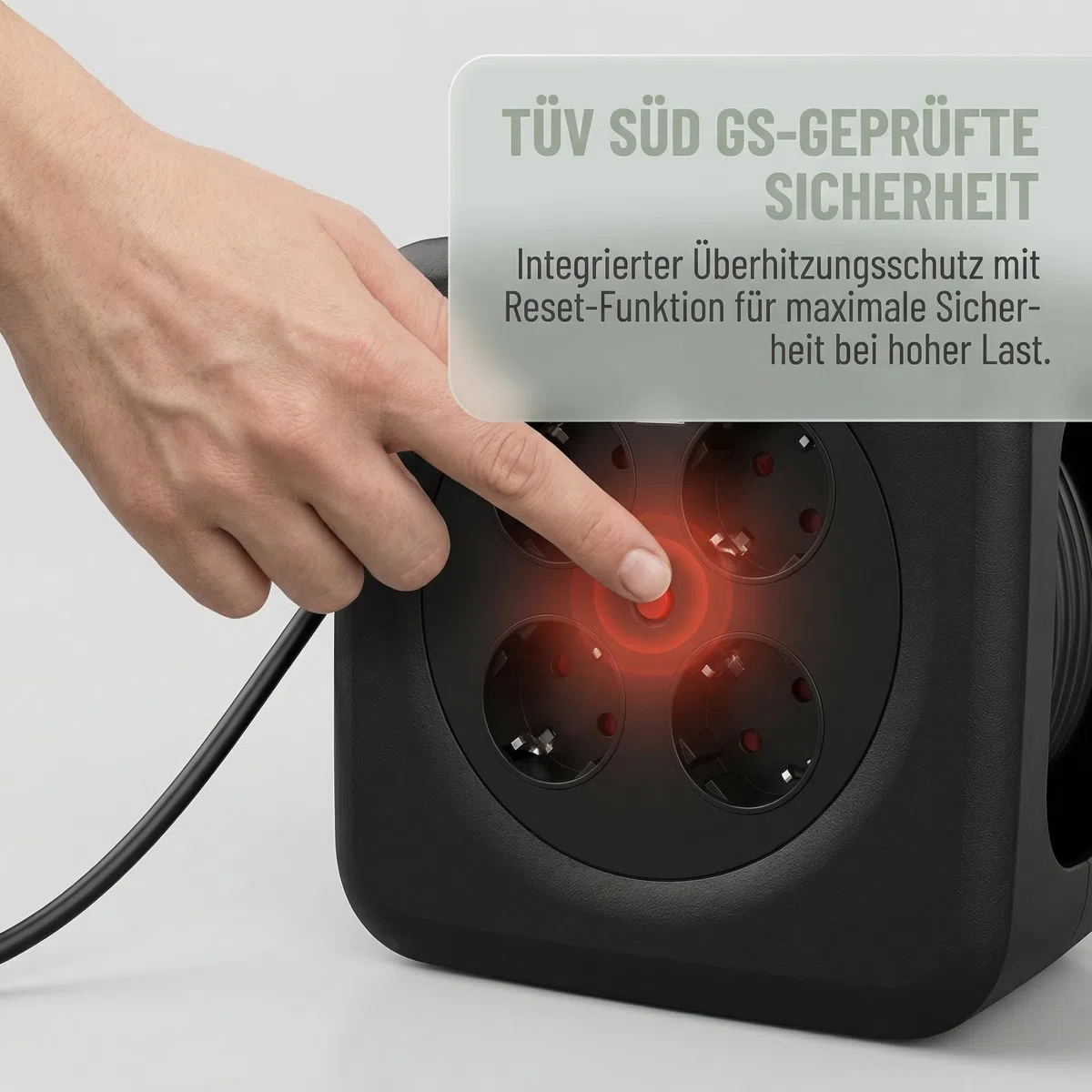 Kabeltrommel 15m mit USB 20W, TÜV GS geprüft, Thermoschalter | 4 Schuko Steckdosen, faltbare Handkurbel für Haushalt &Outdoor Camping,16A Kabelrolle