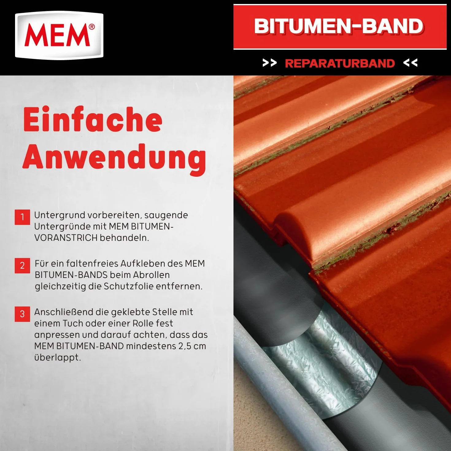 MEM Bitumen-Band, Selbstklebendes Dichtungsband, UV-beständige Schutzfolie, Stärke: 1,5 mm, Maße: 10 cm x 10 m, Farbe: Aluminium