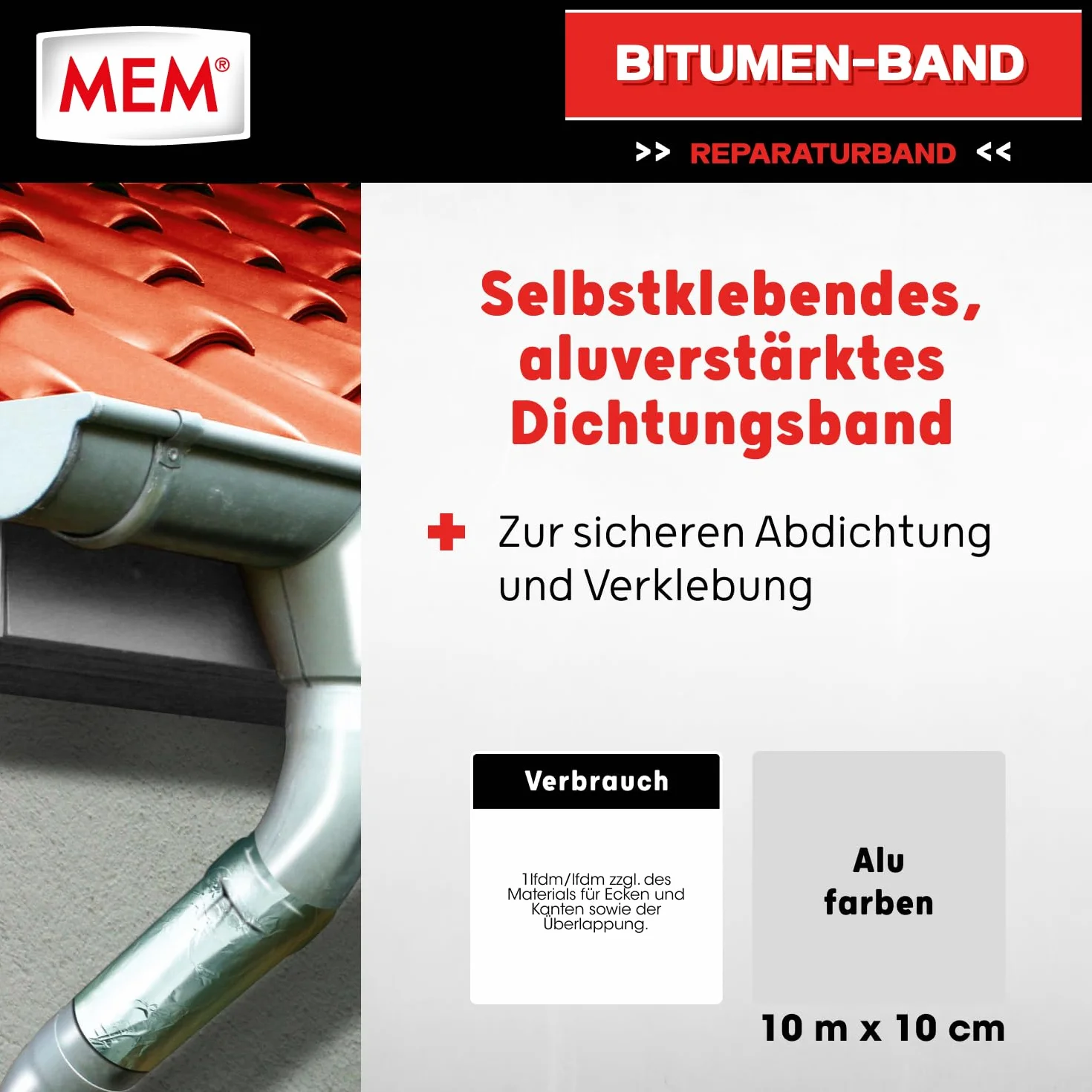 MEM Bitumen-Band, Selbstklebendes Dichtungsband, UV-beständige Schutzfolie, Stärke: 1,5 mm, Maße: 10 cm x 10 m, Farbe: Aluminium