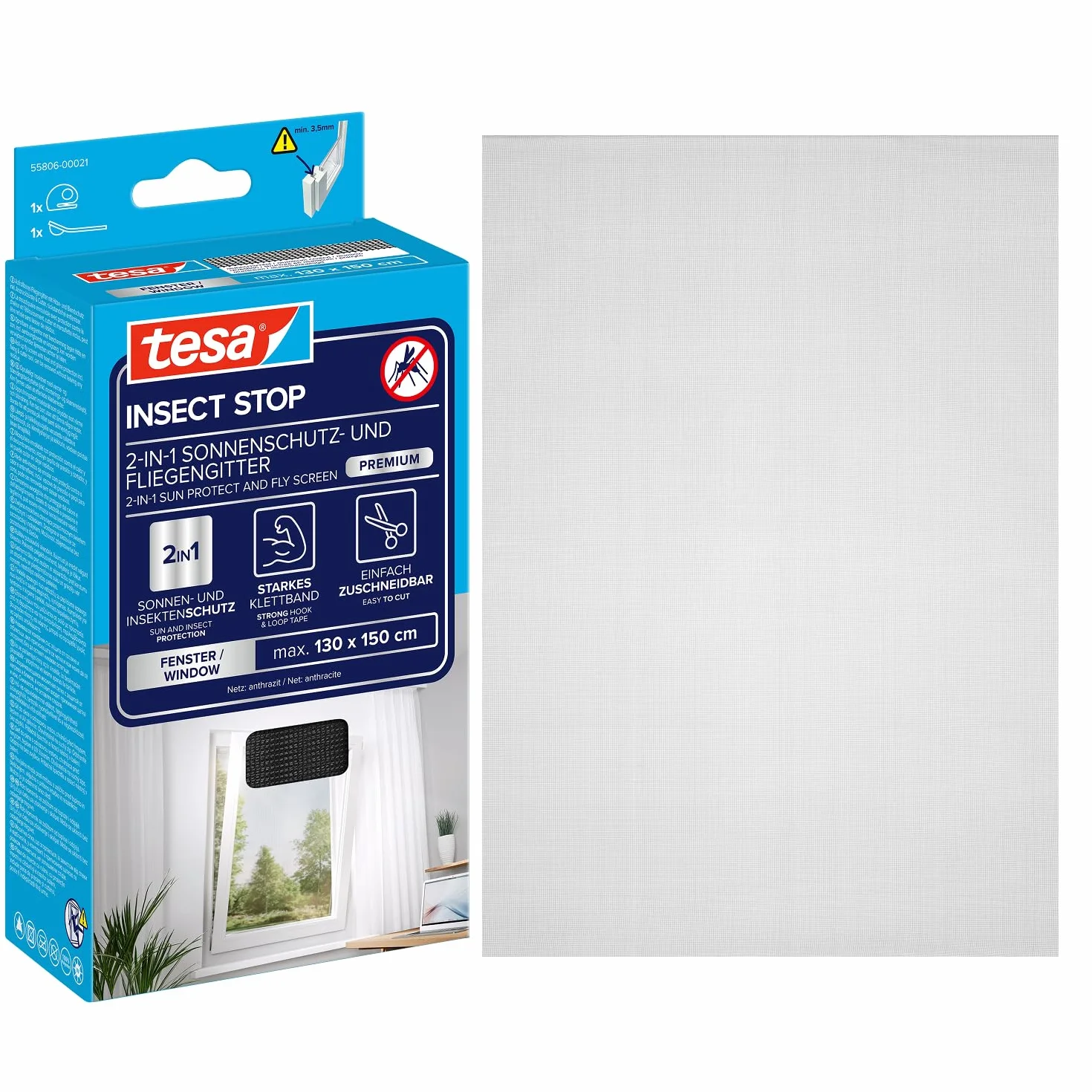 tesa Insect Stop 2-in-1 Sonnenschutz- und Fliegengitter Premium für Fenster - Insektenschutz mit integriertem Sonnenschutz - Fliegen Netz ohne Bohren - 130 cm x 150 cm - Anthrazit-Metallic