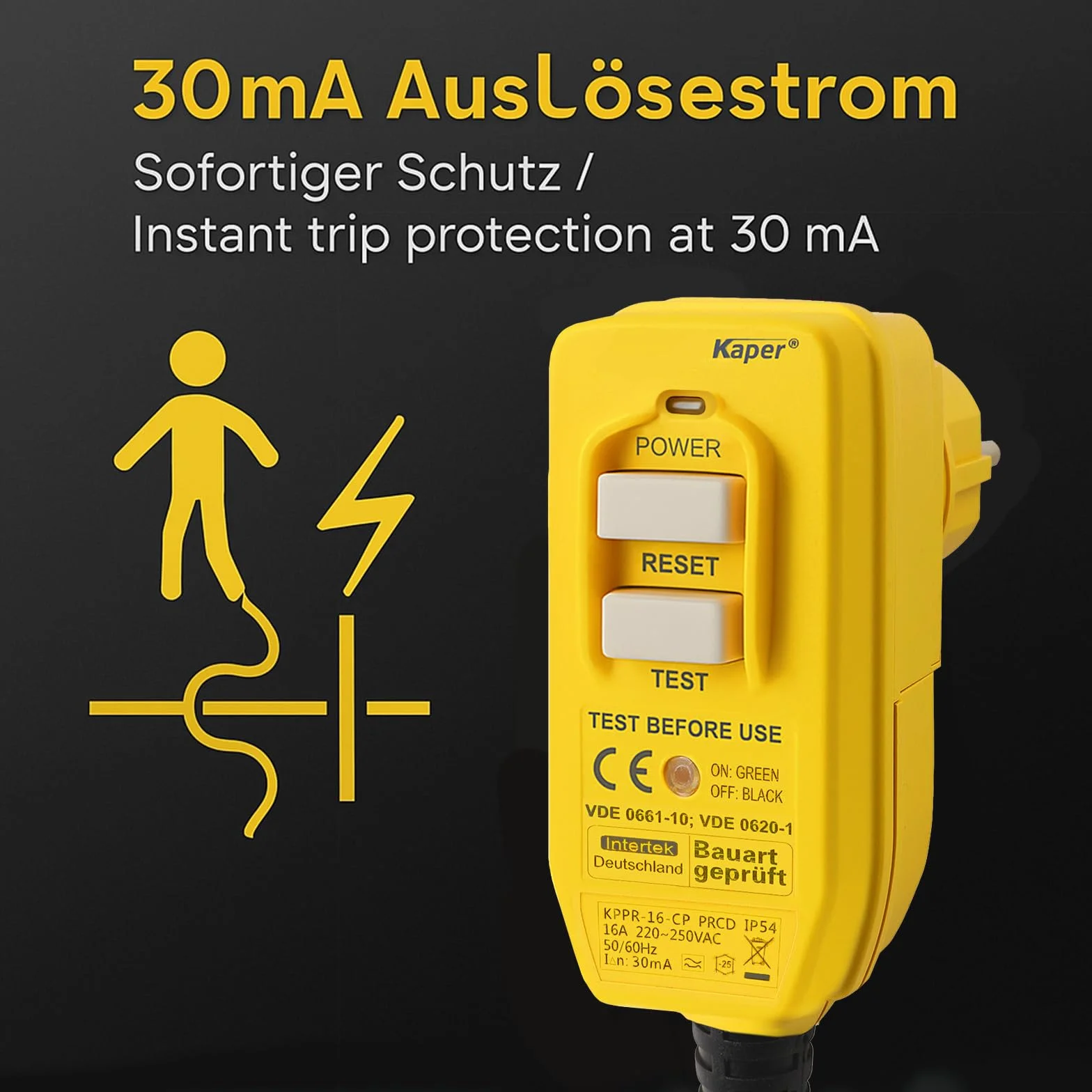 Kaper PRCD Personenschutzstecker, 16A 230V IP54, Tragbarer FI-Schutzschalter mit 30mA Auslösestrom, Wasserdicht für Baustelle, Garten, Camping und Werkstatt