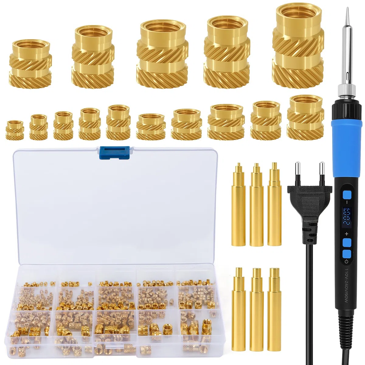 257 Stück Gewindeeinsätze Lötspitzen Set, 90W LED Einstellbar Temperatur Lötkolben mit 250Pcs Gewindeeinsätze Messing Einschmelzgewinde M2 M2.5 M3 M4 M5 M6, 6Pcs Lötkolben Einschmelzhilfe
