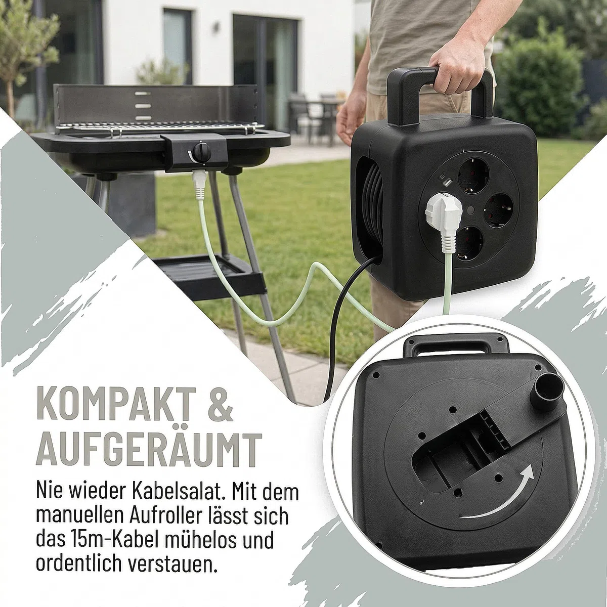 Kabeltrommel 15m mit USB 20W, TÜV GS geprüft, Thermoschalter | 4 Schuko Steckdosen, faltbare Handkurbel für Haushalt &Outdoor Camping,16A Kabelrolle