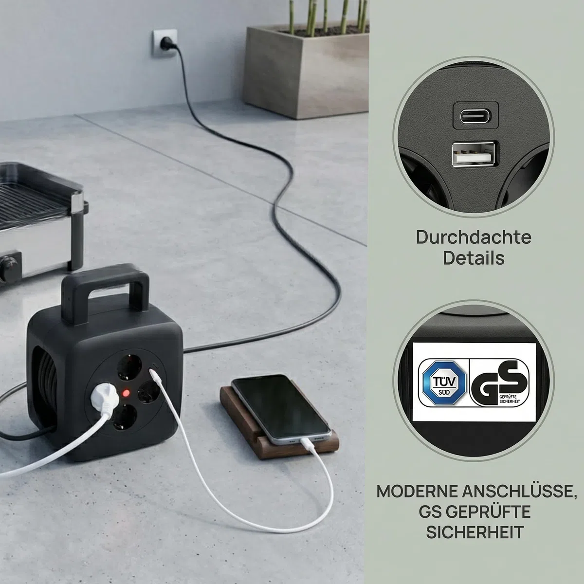Kabeltrommel 15m mit USB 20W, TÜV GS geprüft, Thermoschalter | 4 Schuko Steckdosen, faltbare Handkurbel für Haushalt &Outdoor Camping,16A Kabelrolle