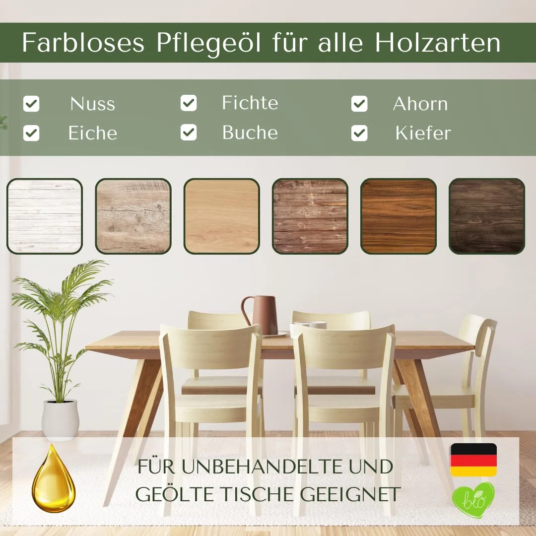 Tisch Öl - Bio Holztisch Pflege aus Deutschland (250ml) | Für Esstische und Tischplatten: Natürliches Holzpflegeöl mit Bienenwachs für eine tiefenwirksame und gepflegte Holzoptik