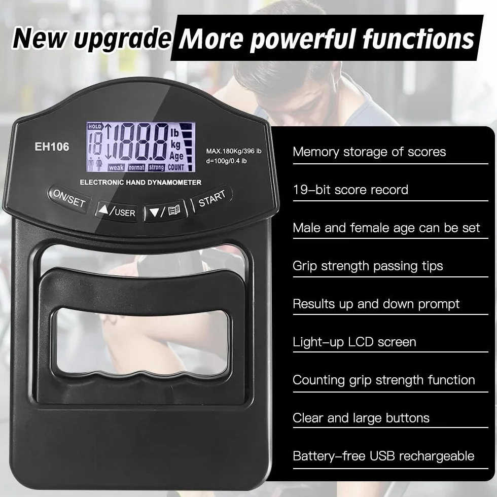 Digitaler Handkraftmessgerät, 396lb/180Kg Digitaler Griffstärke-Messung, Kraftmesser, LED Display Grip Strength Trainer, Dynamometer mit USB-Ladekabel(Schwarz)