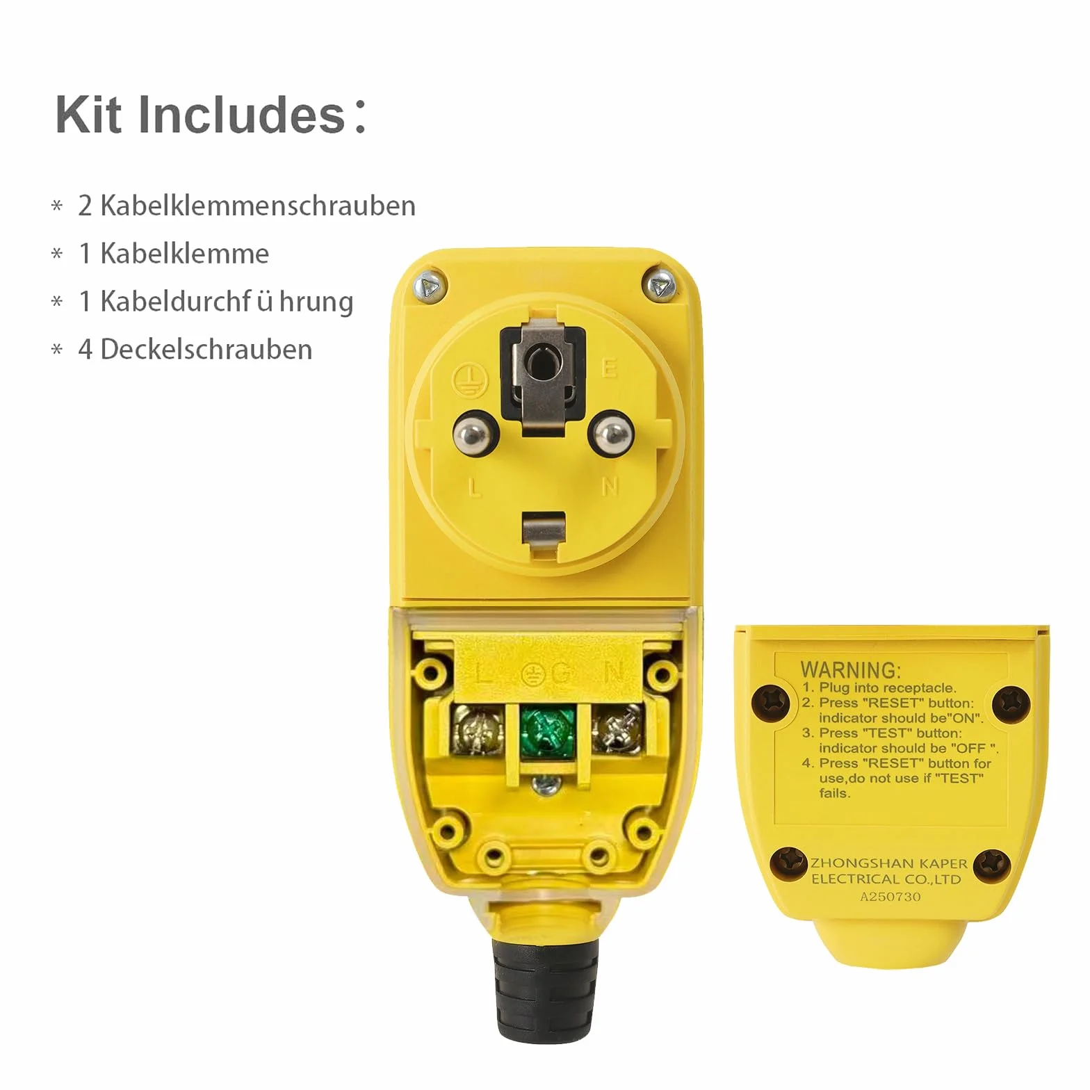 Kaper PRCD Personenschutzstecker, 16A 230V IP54, Tragbarer FI-Schutzschalter mit 30mA Auslösestrom, Wasserdicht für Baustelle, Garten, Camping und Werkstatt