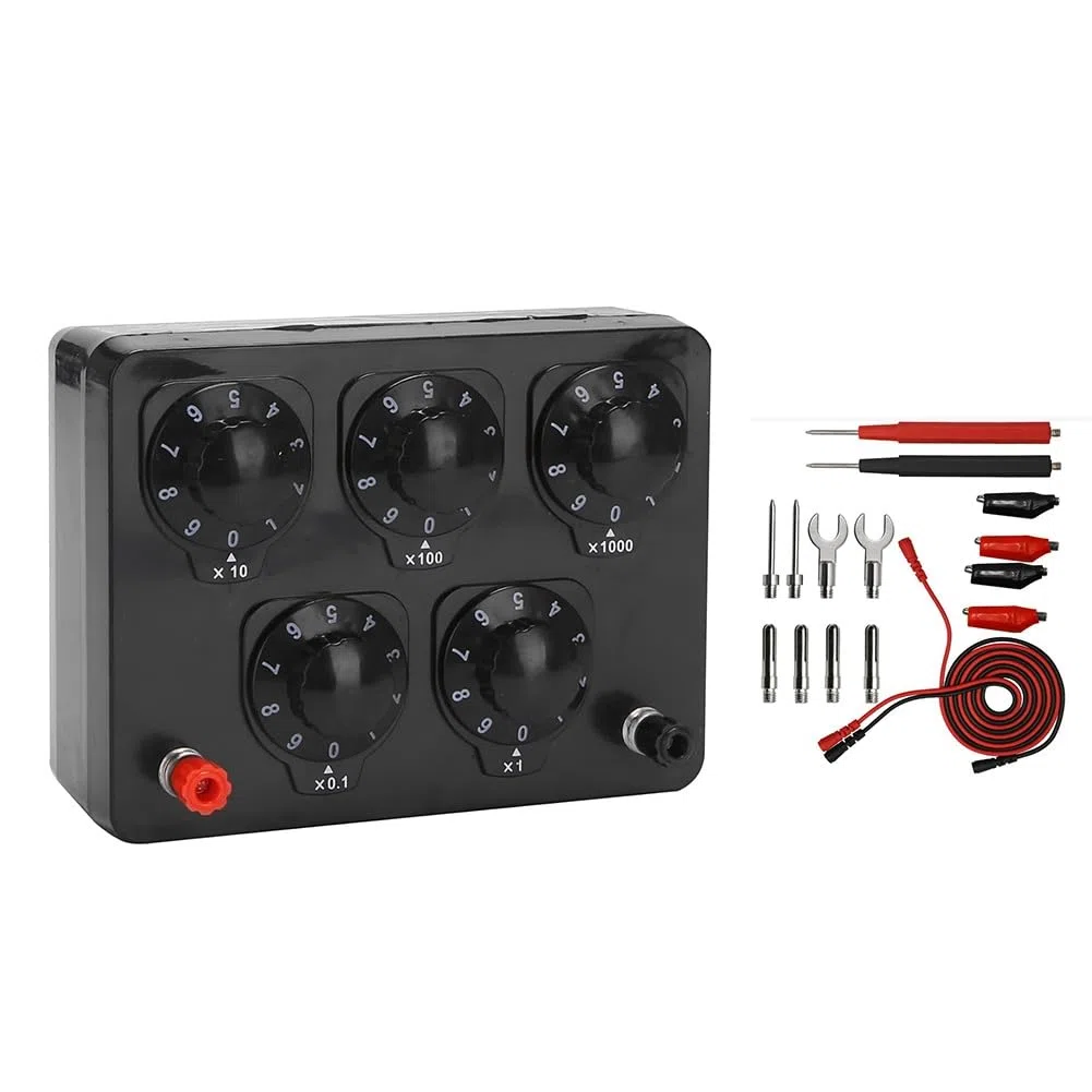 1 Stück Unterrichtswiderstandsbox Schwarz Widerstandsbox Variabler Dezimalwiderstand 0-9999,9 Ohm für Den Physikunterricht & 16 Stück Bananenkabel Mess