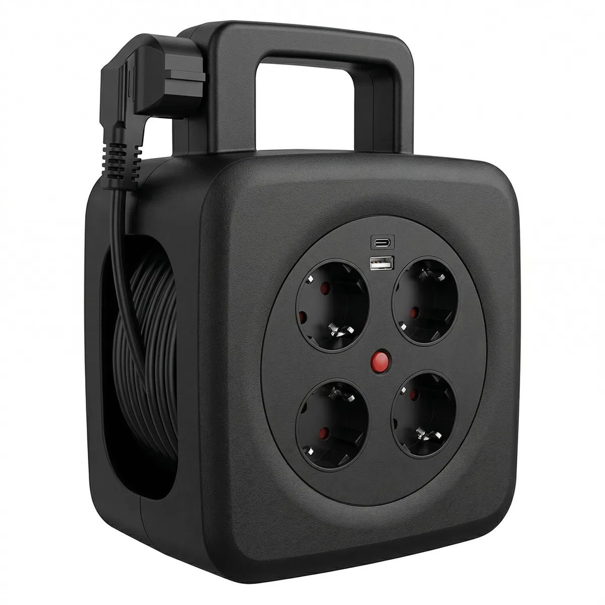 Kabeltrommel 15m mit USB 20W, TÜV GS geprüft, Thermoschalter | 4 Schuko Steckdosen, faltbare Handkurbel für Haushalt &Outdoor Camping,16A Kabelrolle