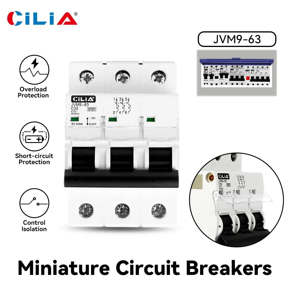 CILIA Leitungsschutzschalter, 3 Module, DIN-Anschluss (Universell für Jede Handelsübliche Steuerplatte), Pole 3P, Schaltleistung 6kA, Spannung 415 VAC, Kurve C. In=10A (JVM9-63-3P-10A)