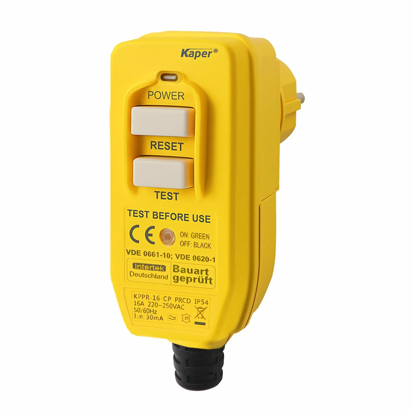 Kaper PRCD Personenschutzstecker, 16A 230V IP54, Tragbarer FI-Schutzschalter mit 30mA Auslösestrom, Wasserdicht für Baustelle, Garten, Camping und Werkstatt
