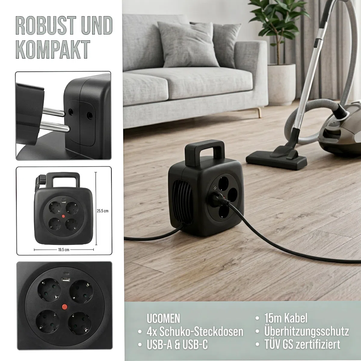 Kabeltrommel 15m mit USB 20W, TÜV GS geprüft, Thermoschalter | 4 Schuko Steckdosen, faltbare Handkurbel für Haushalt &Outdoor Camping,16A Kabelrolle