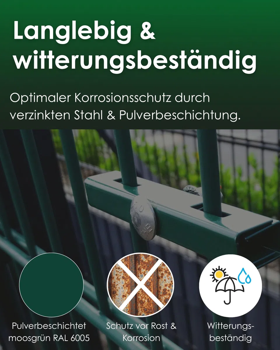 U Mattenverbinder RAL 6005 Moosgrün – Doppelstabmattenzaun Verbinder, Gittermattenverbinder, Zaunverbinder U-Form inkl. A2 Edelstahlschraube & Mutter – passend für 6/5/6 & 8/6/8 Doppelstabmatten