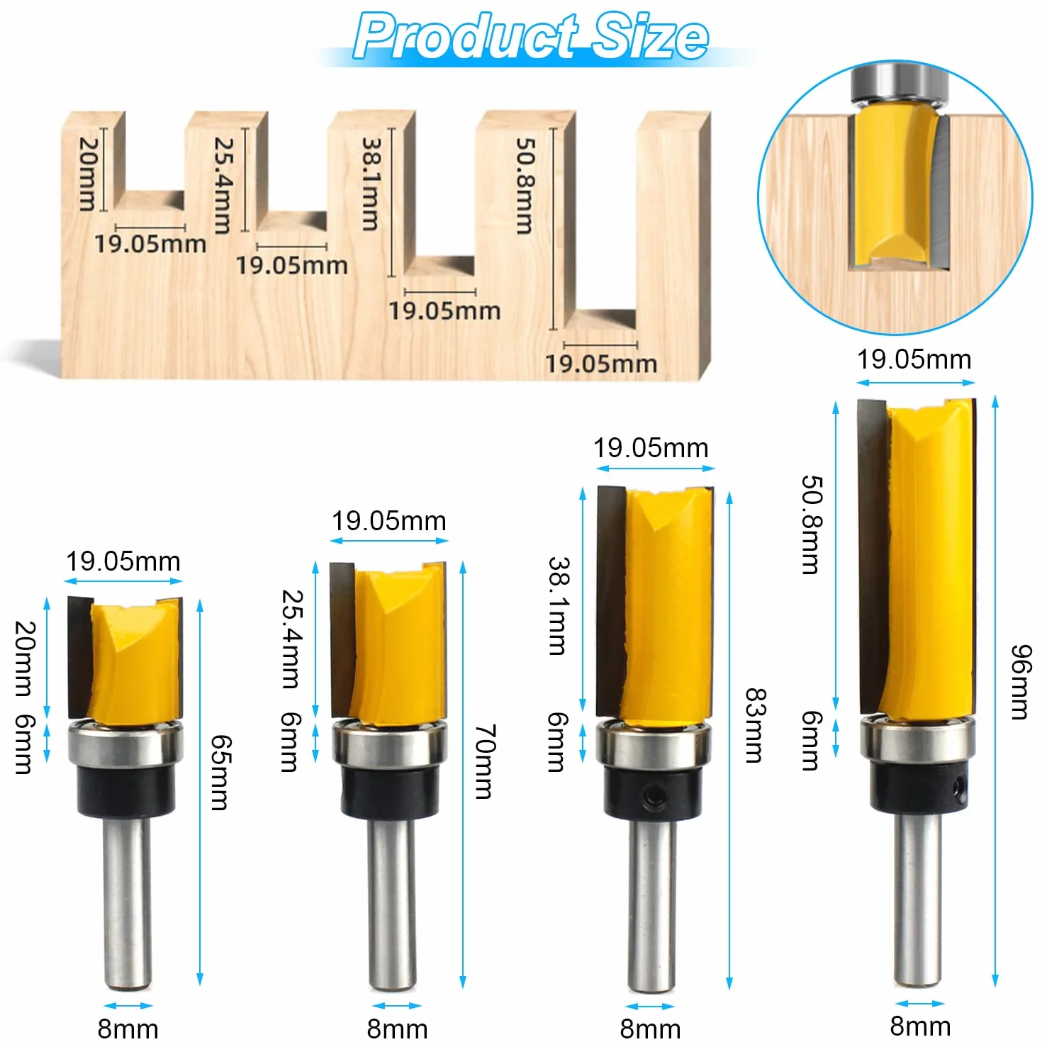 4 Stück 8mm Bündigfräser Schaft Fräser Oberfräser, 8 mm Schaft Bündigfräser, mit Kugellagern, Werkzeuge für die Holzbearbeitung, Bündigfräser für den Holzzuschnitt