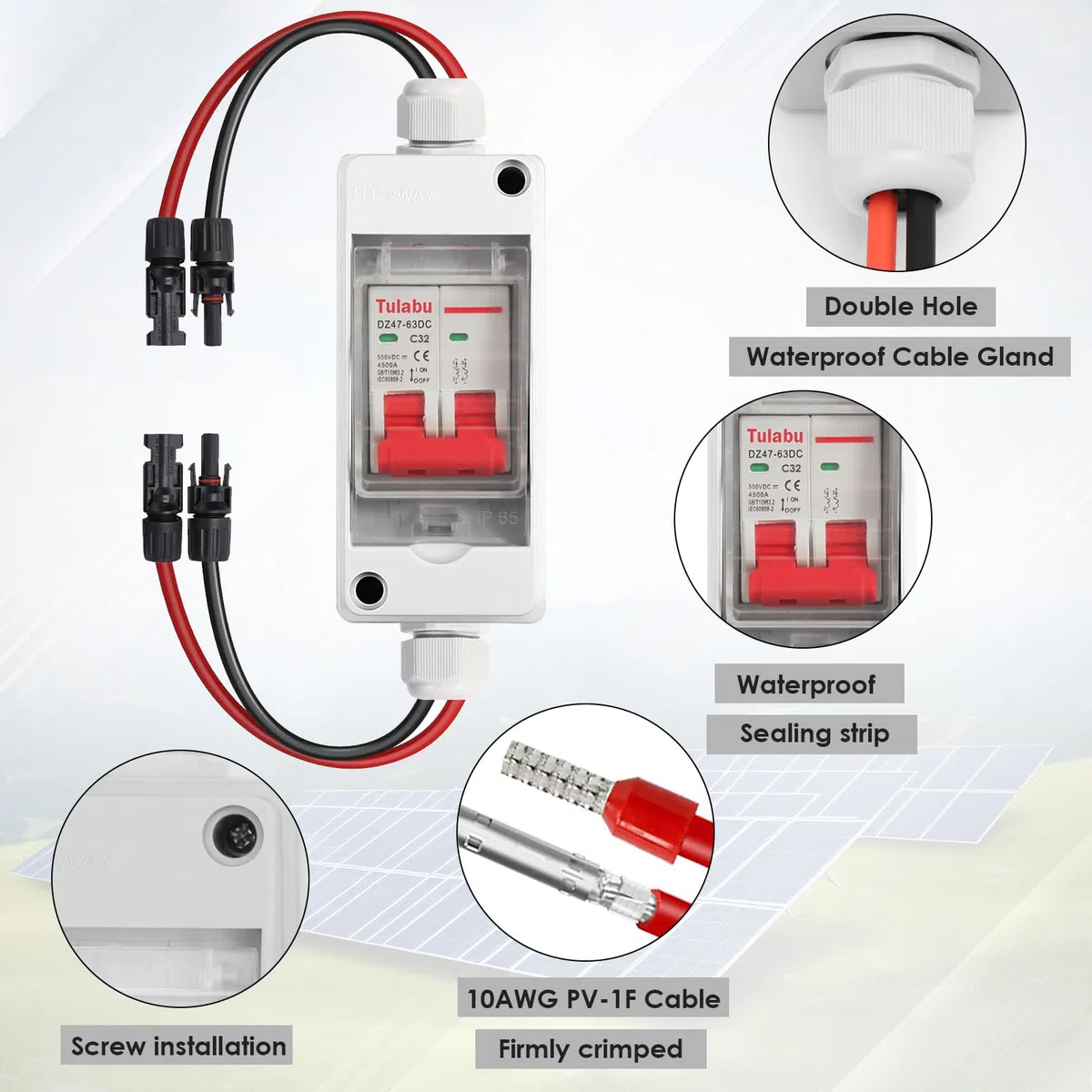 DC Trennschalter PV Anlage 32A 500V Solar Trennschalter PV Trennschalter Miniaturschutzschalter, IP65 Wasserdicht Verteilerkasten, Solar-Photovoltaik-Schalter mit Kabel und Stecker