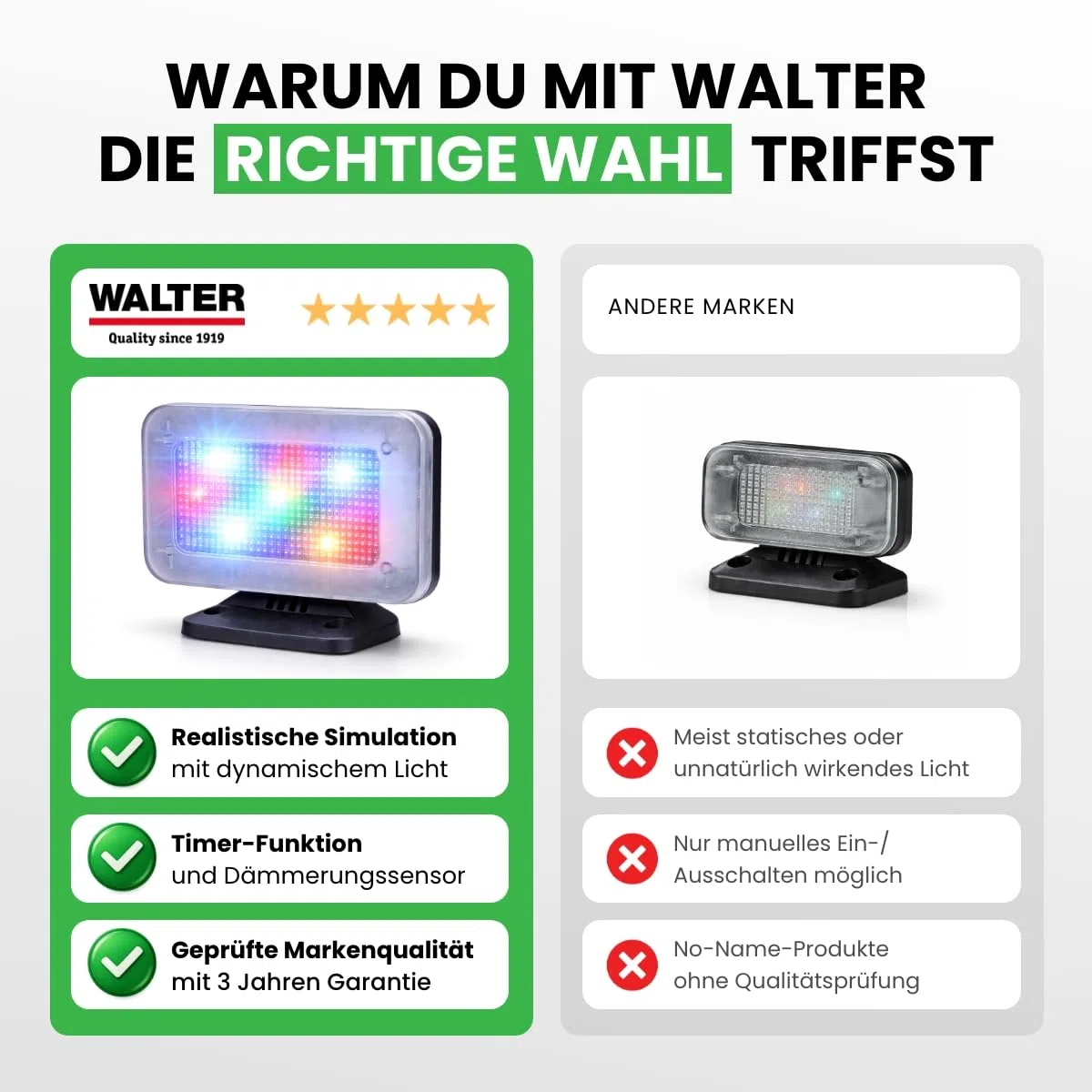 WALTER TV Simulator Ultra+ – Einbruchschutz Lichteffekt mit Dämmerungssensor, 4/7h Timer oder Dauerbetrieb, 100–240V, kompakt