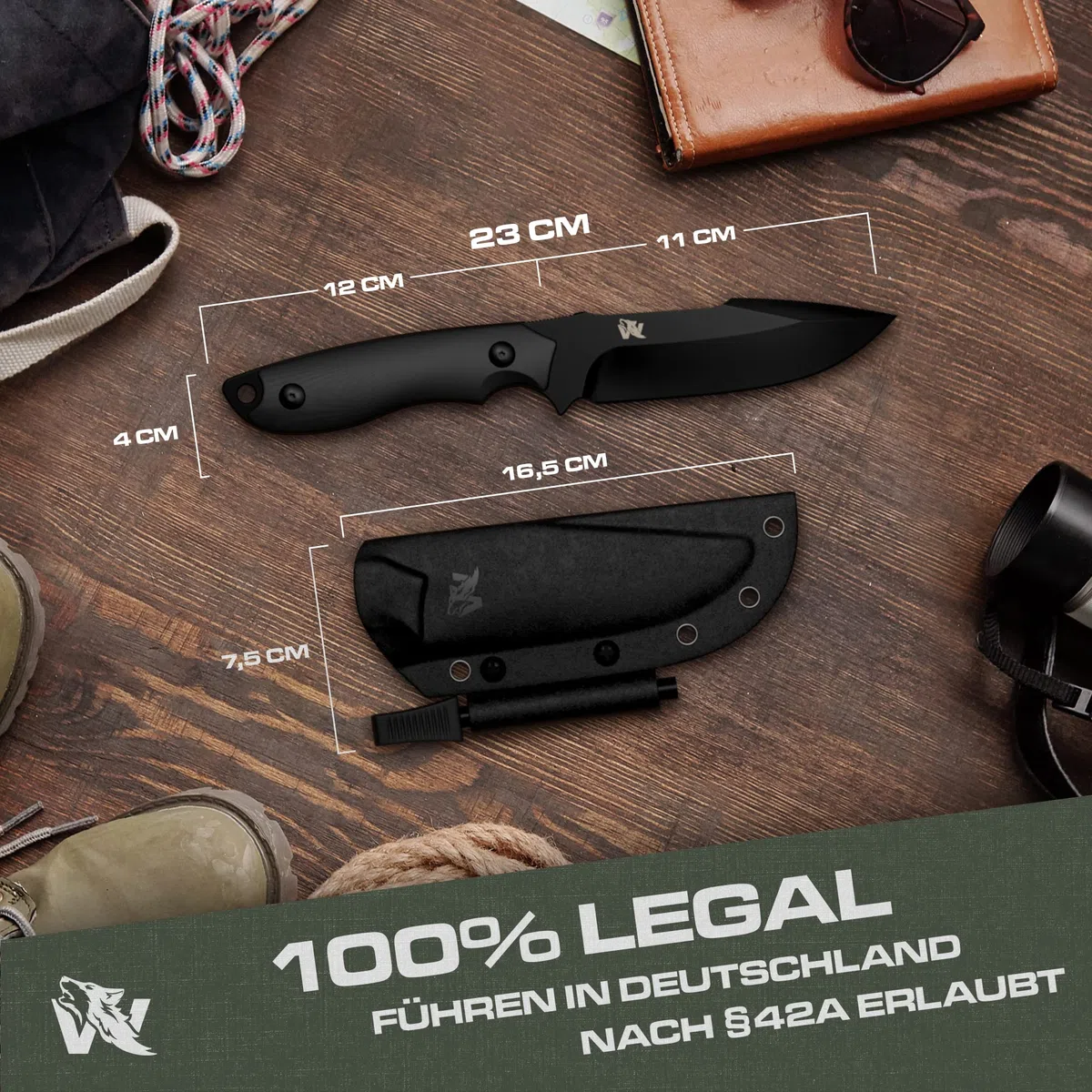 ODENWOLF Outdoor-Messer AMBULO mit Kydex Holster - Edles Jagdmesser aus einem Stück D2 Stahl gefertigt - DAS Bushcraft Messer - Perfektes Survival Messer